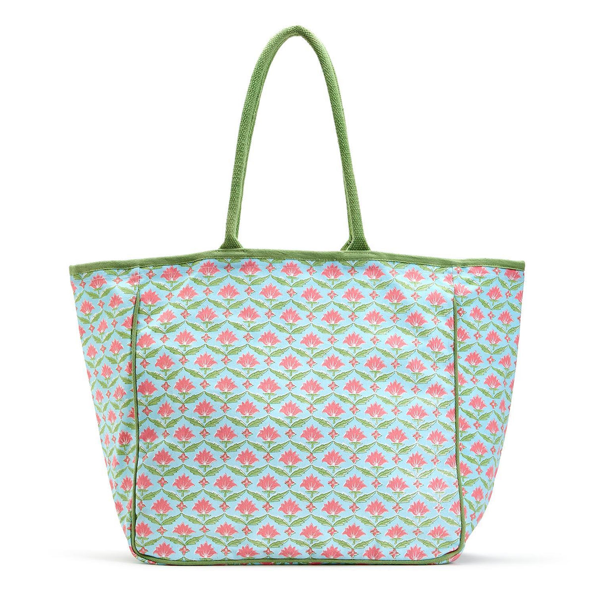 Cotton floral block print tote bag with a rectangular silhouette.