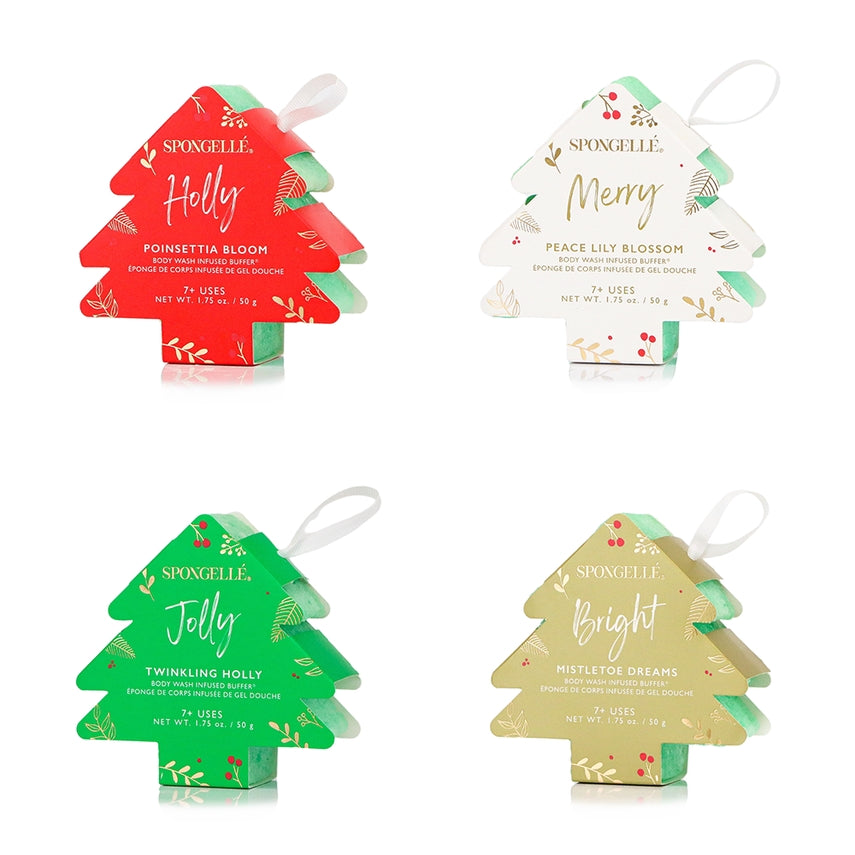 Four Spongellé holiday tree-shaped body wash infused buffers in red, white, green, and gold.