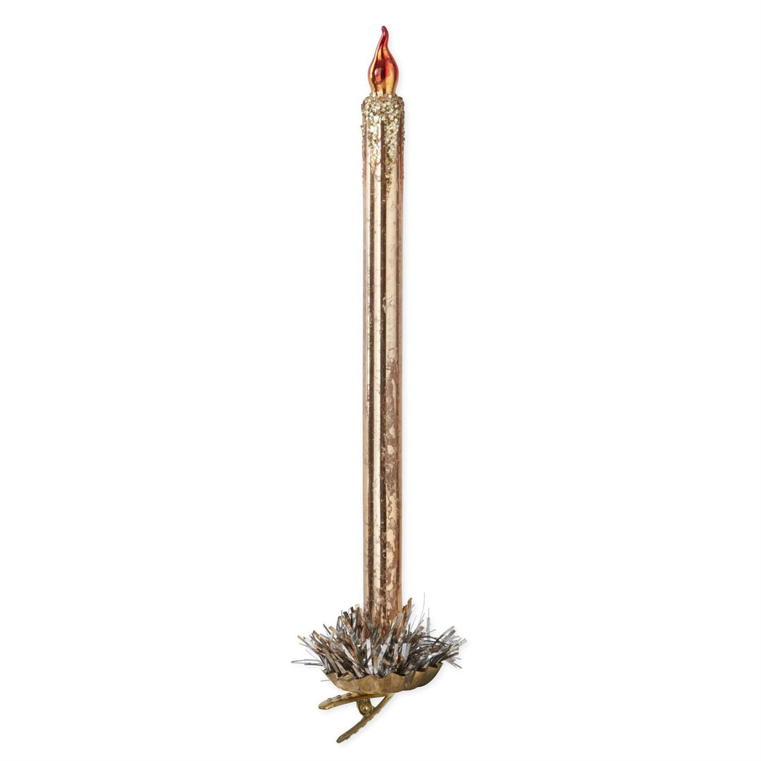 Ten-inch gold glass taper candle ornament with iron branch clip