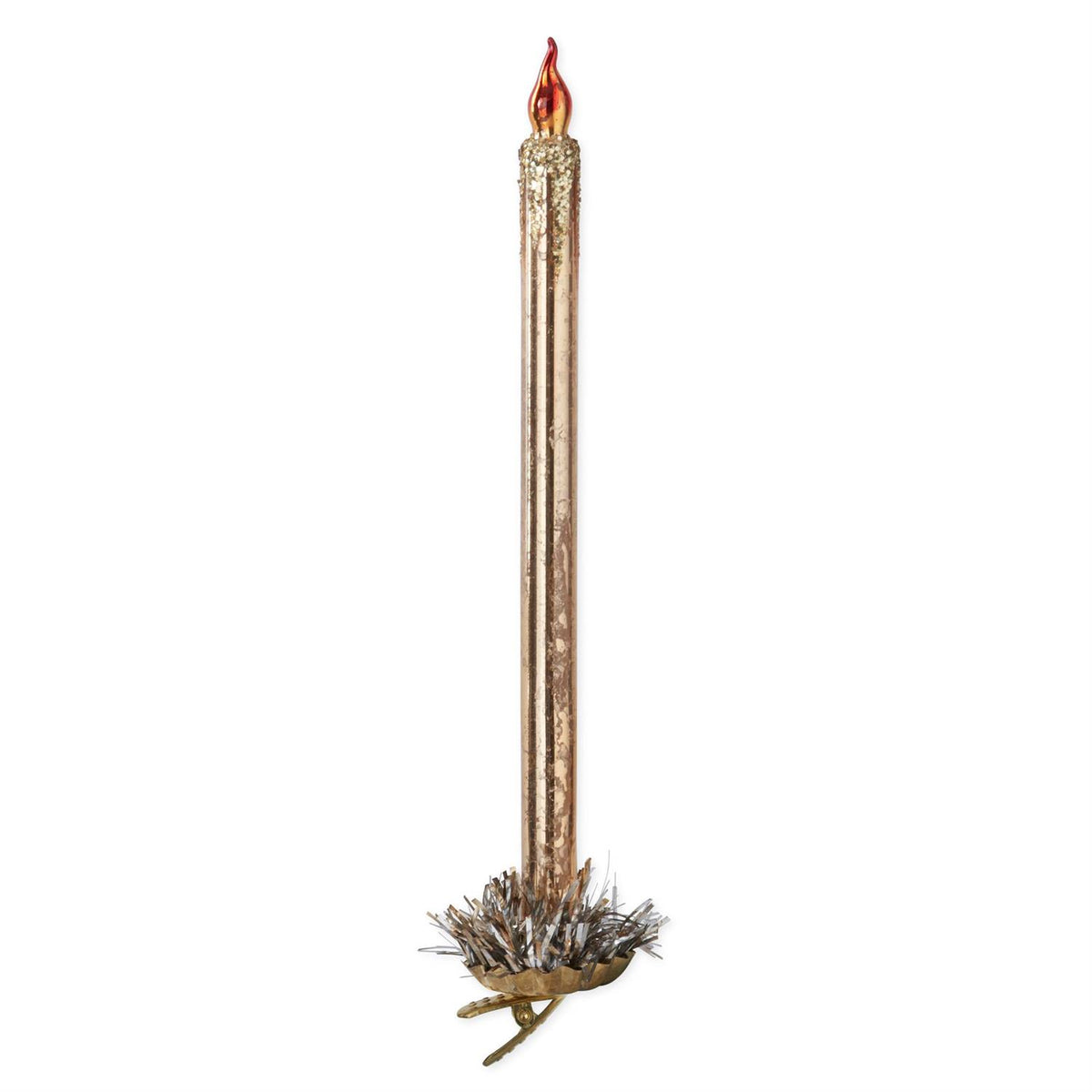 Ten-inch gold glass taper candle ornament with iron branch clip