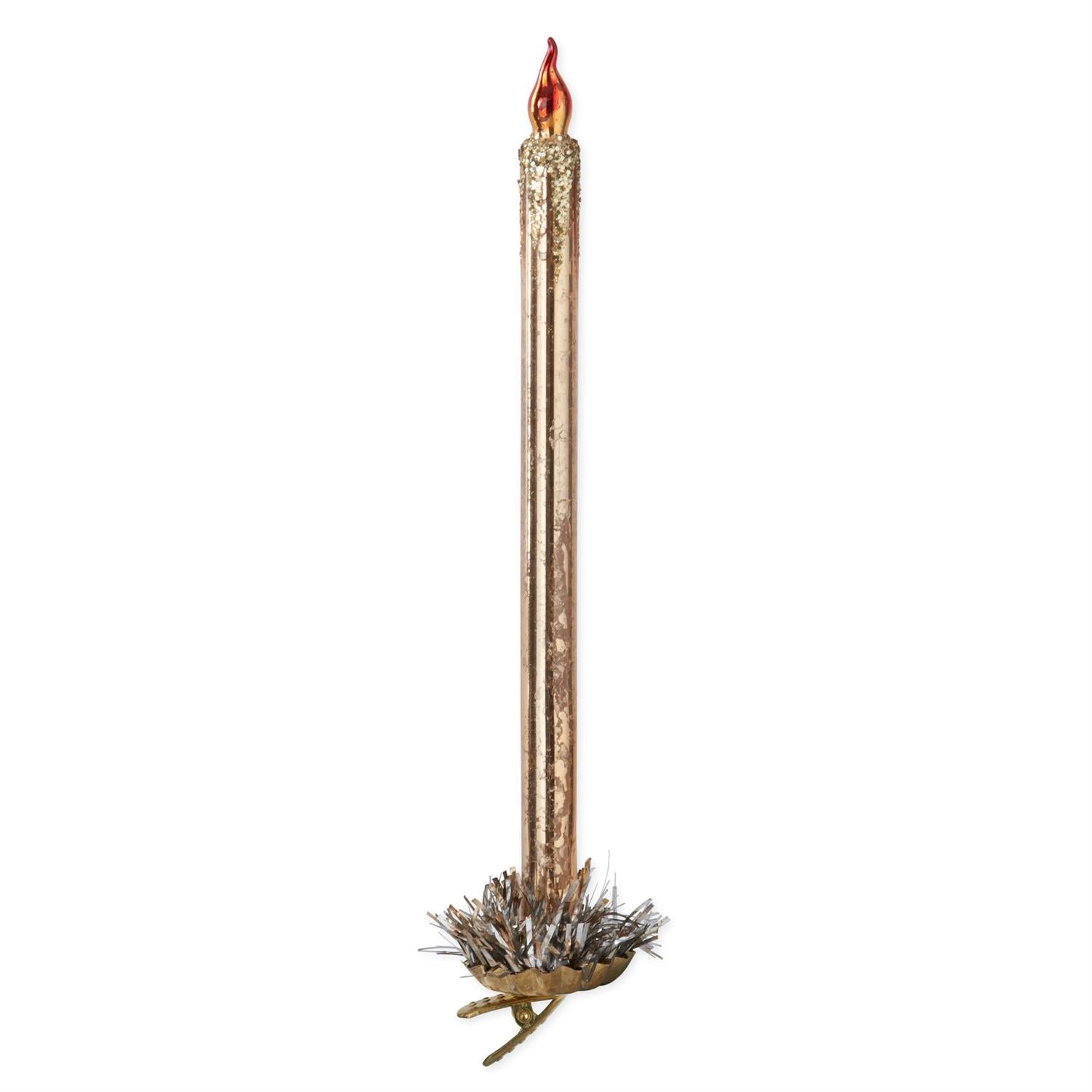 Ten-inch gold glass taper candle ornament with iron branch clip