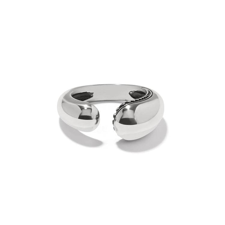 Silver plated droplet ring with a curvaceous organic silhouette featuring tiny beading on one side and smooth finish.