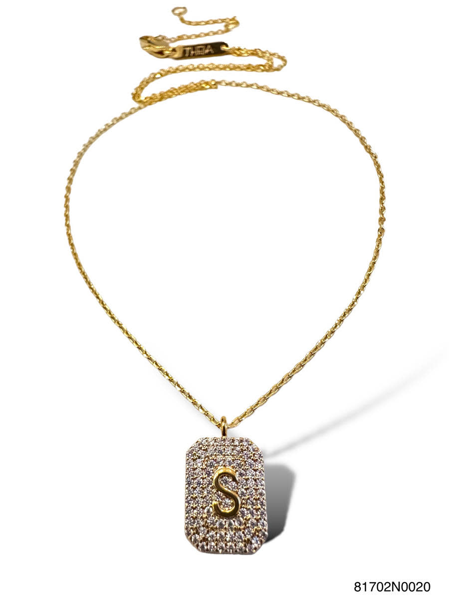 Gold initial pave tag necklace pendant with sparkling pavé-set letter on sleek rectangular silhouette.