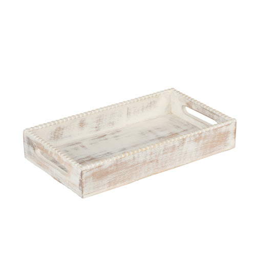 Rectangular wooden tray with whitewash finish featuring a beaded trim detail.