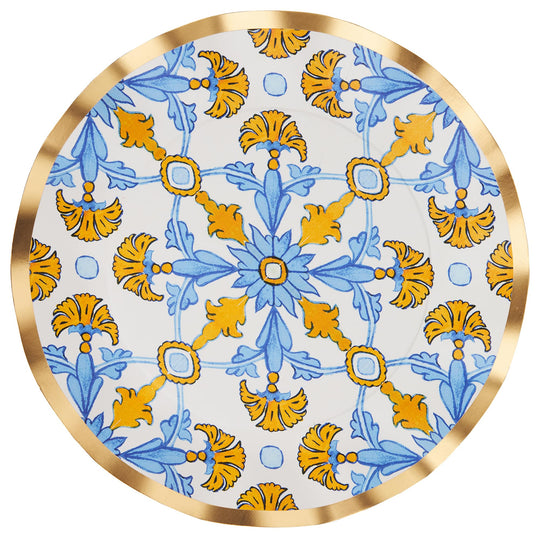Wavy 10-inch paper dinner plate with blue and yellow Moroccan tile pattern and gold trim.