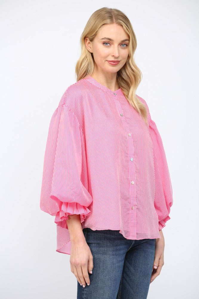 Sophie pinstripe rayon blouse with voluminous bubble sleeves in a relaxed silhouette.