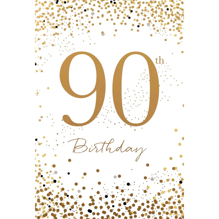 90th Birthday card with confetti foil accents on a white background.