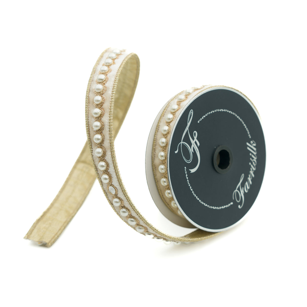 1 inch by 5 yard ivory velvet ribbon with pearl borders on a black spool.