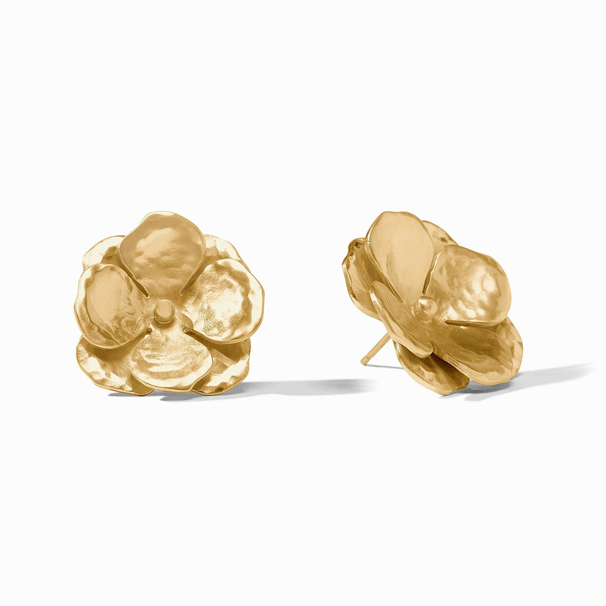 Julie Vos Bloom Statement Stud earrings in 24K gold plate with a floral silhouette and pierced ear post.