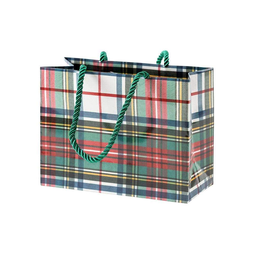 Small rectangular gift bag featuring a green, red, and white plaid pattern with green rope handles.