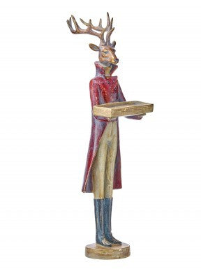 26-inch resin gentleman deer figurine in a red coat holding a gold tray.