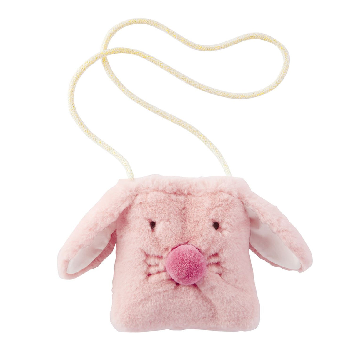 Plush bunny purse in soft pastel pink with floppy ears and a rounded silhouette.