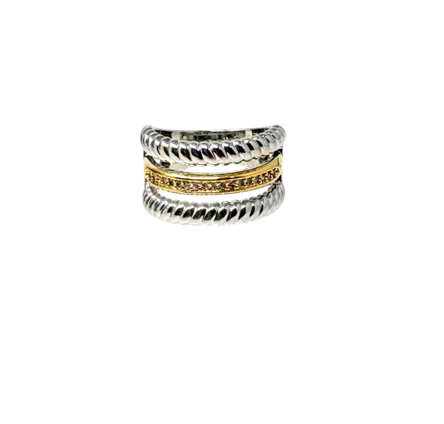 Fashion Statement Ring with silver cable bands and a central gold band set with small stones.