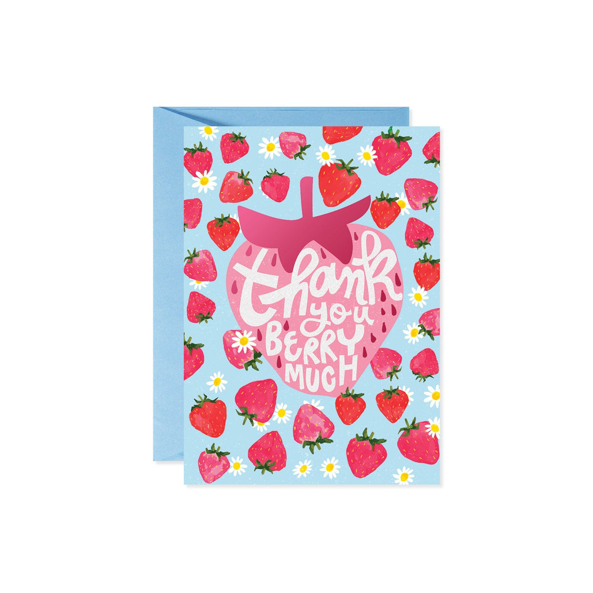 White thank you card with 'Thank You Straw-Berry Much' text in red script and a strawberry graphic.