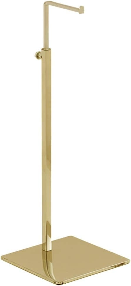 Gold plated adjustable handbag display stand with a square base and single hanging arm.