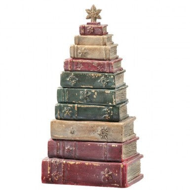 12.5-inch resin decorative stack of vintage-style books arranged in a Christmas tree shape.