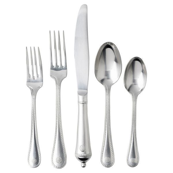 Berry & Thread Bright Satin 5-piece place setting with two forks, a knife, and two spoons.