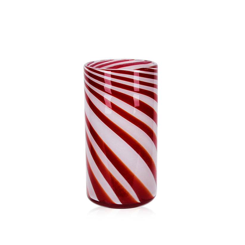 Christmas vase with candy cane-inspired diagonal stripes in red and white.