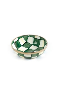 Small round emerald green and white hand-painted checkered relish dish with a gold-tone rim.