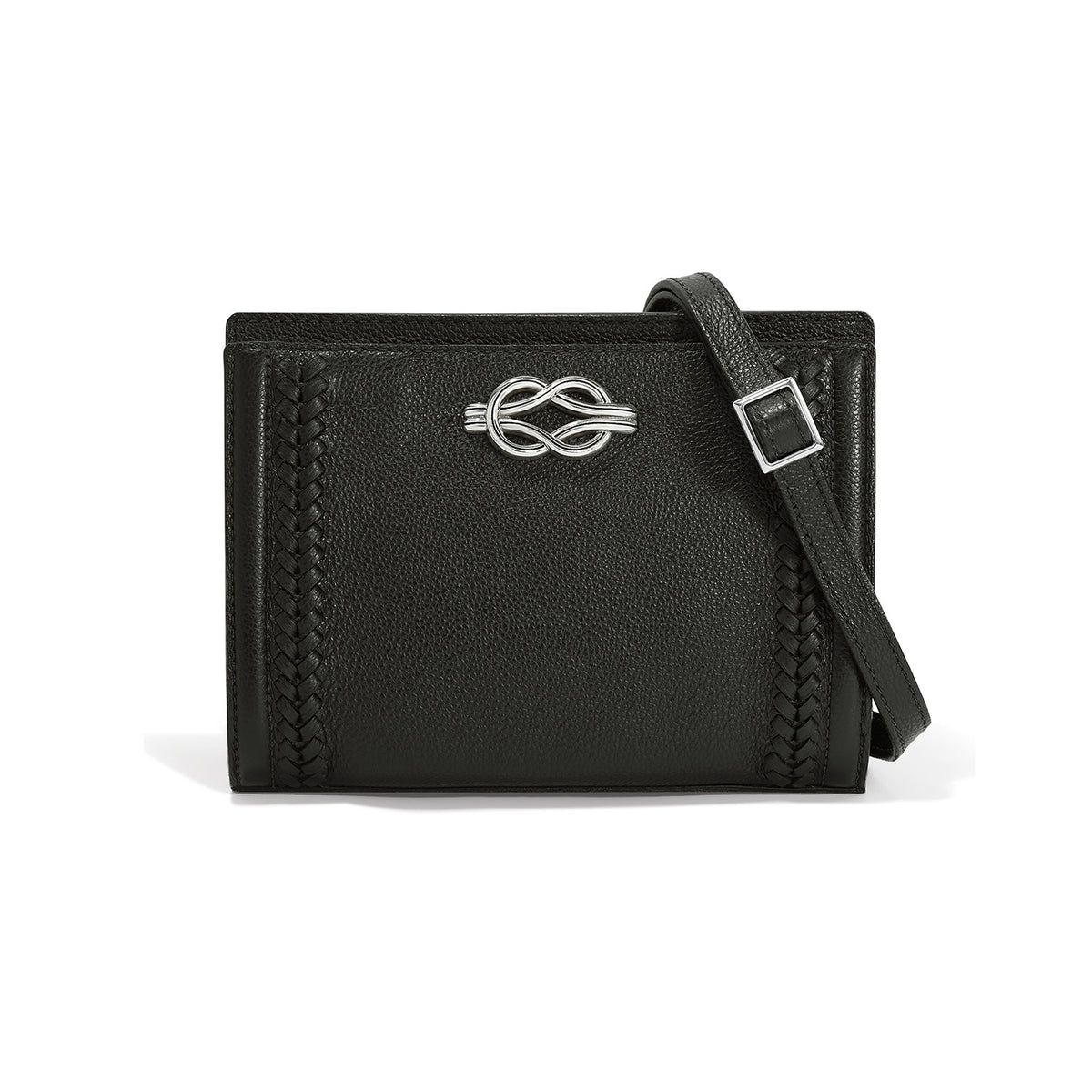 Black leather Findley Organizer bag with silver knot hardware, braided details, and adjustable strap