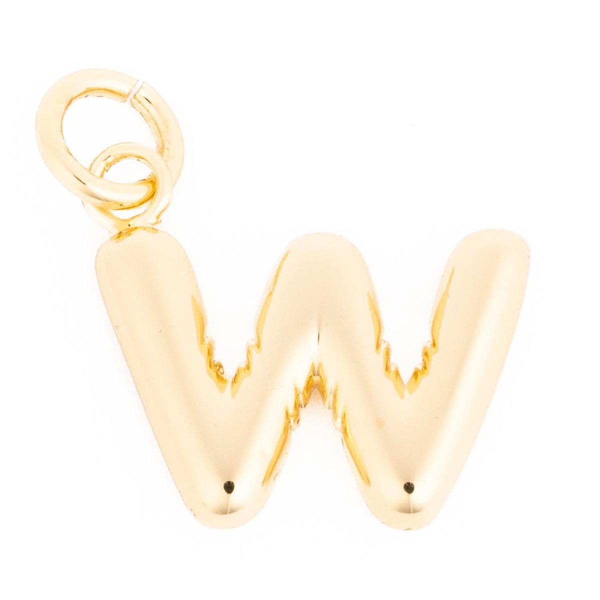 Gold balloon-style letter W charm with a polished finish and a small jump ring for attachment.