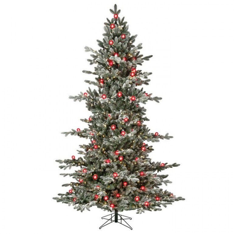 7.5-foot flocked artificial Christmas tree with red globe ornaments and clear lights on a metal stand
