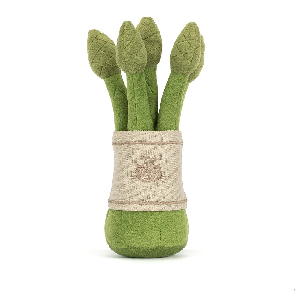 Amuseables Asparagus plush toy featuring three green stalks bundled in a beige fabric wrap.