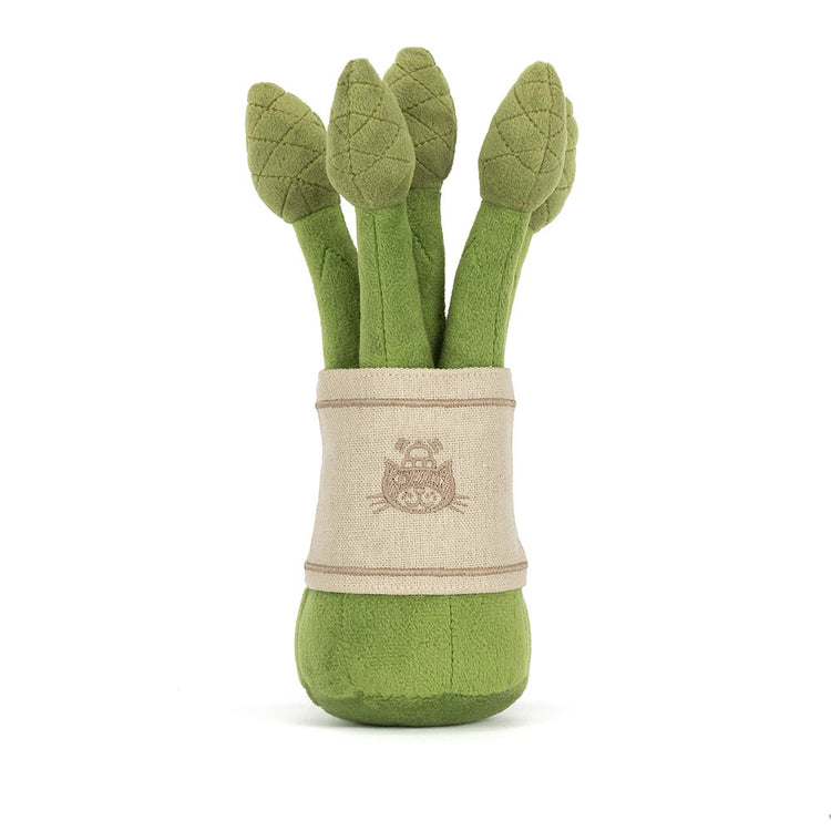Amuseables Asparagus plush toy featuring three green stalks bundled in a beige fabric wrap.