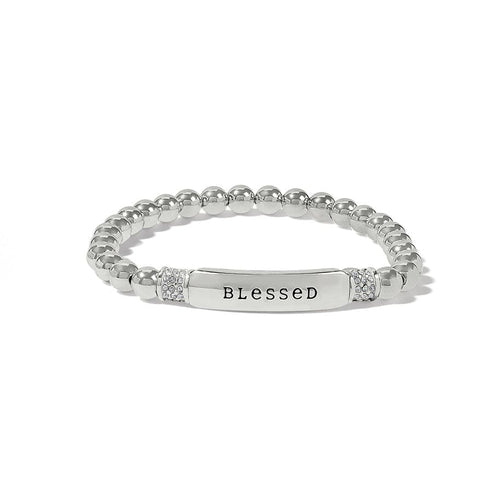 Meridian Petite Blessed silver-plated stretch bracelet with round beads and engraved message bar.