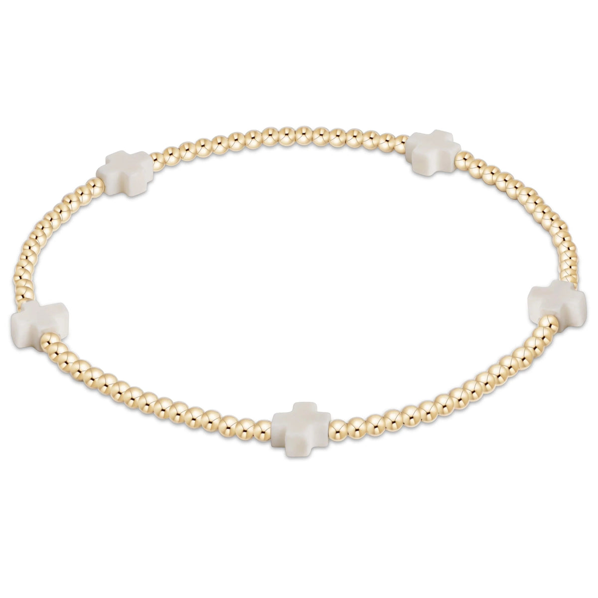 Signature Cross Small 2mm Gold Bracelet with five white cross charms and 14kt gold-filled beads.