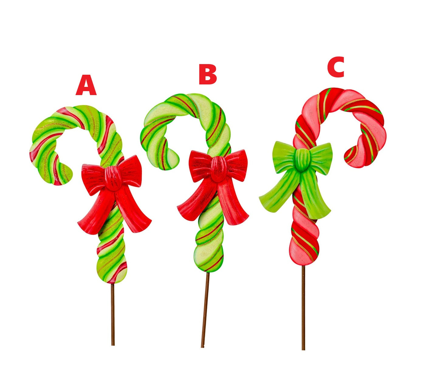 Red candy cane shaped garden stake with white bow accents.