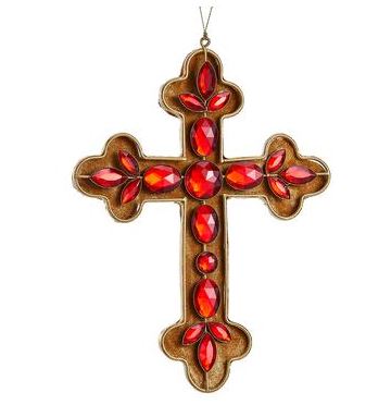 Gold rhinestone cross ornament with red accents on a gold metal base.