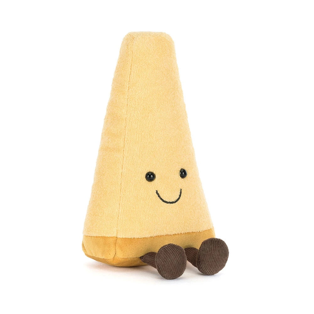 Plush wedge of Parmesan cheese with a smiling face and brown corduroy legs.