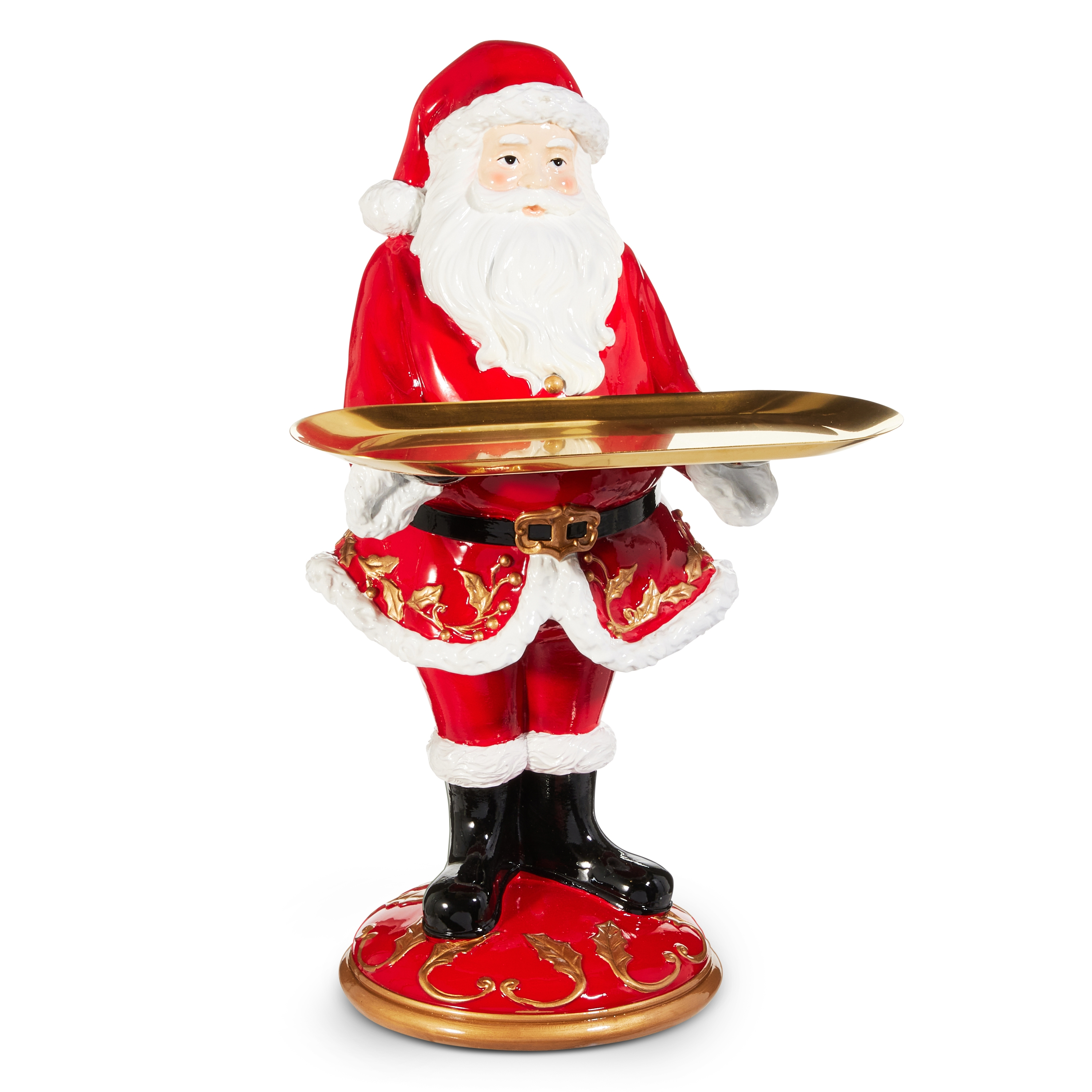 19.5-inch resin Santa Butler figurine in a red suit holding a gold metal serving tray.
