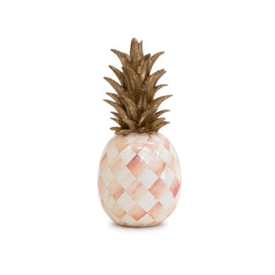 Hand-painted resin pineapple figurine in rosy pink with textured leaf pattern.