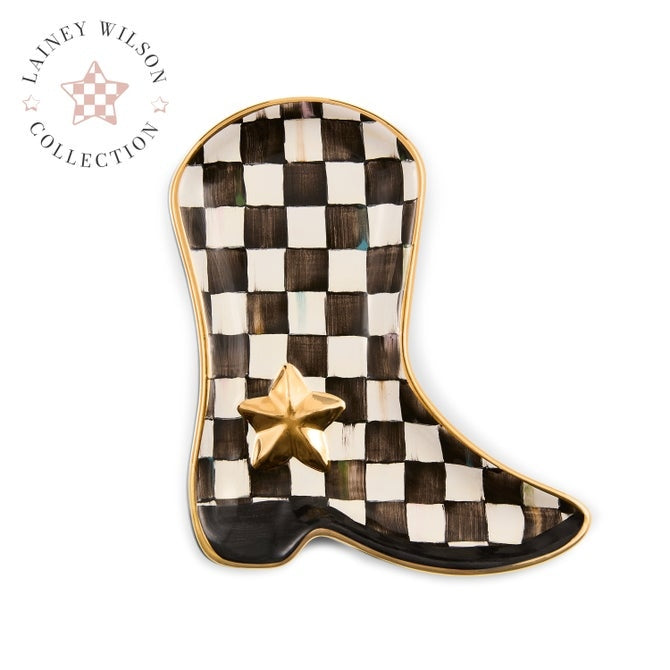 Lainey Wilson x MC Courtly Check Cowboy Boot Dish with gold star and trim.