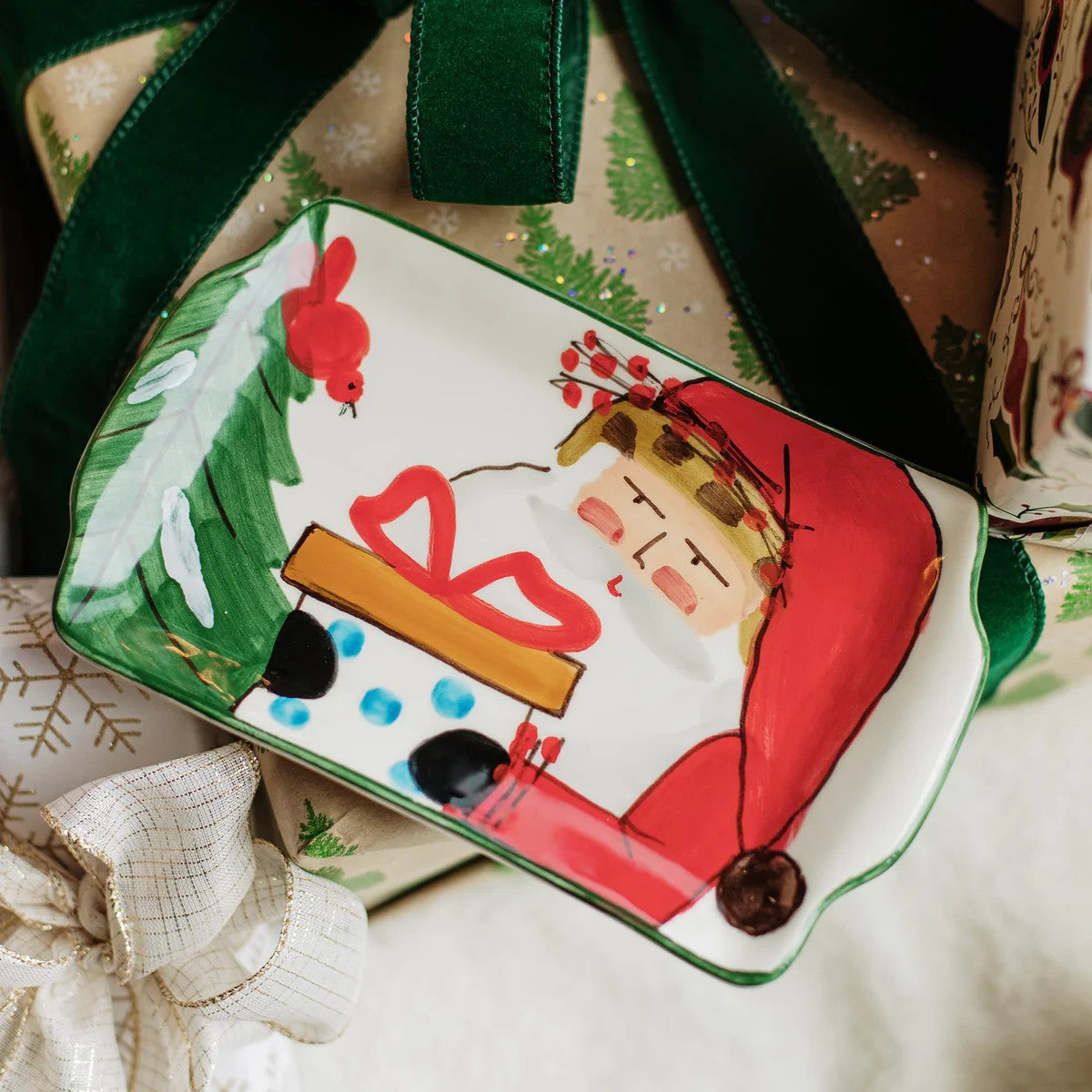 Old St. Nick 2026 Limited Edition Rectangular Plate with hand-painted Santa and red bird design.