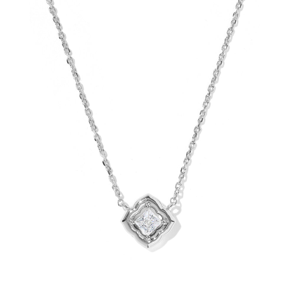 Mallory Crystal Short Pendant Necklace with a silver chain and a square crystal medallion.