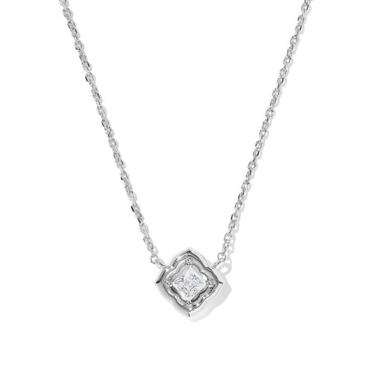 Mallory Crystal Short Pendant Necklace with a silver chain and a square crystal medallion.