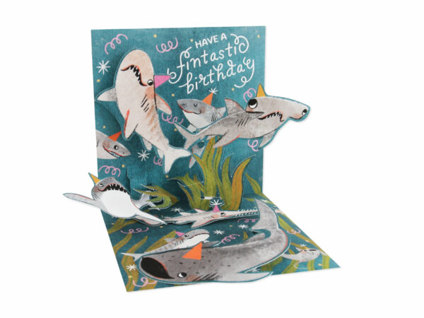 White envelope birthday card with neon ink shark graphic