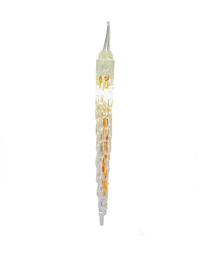 Set of ten cool white LED icicle lights with plastic bodies on copper wiring.