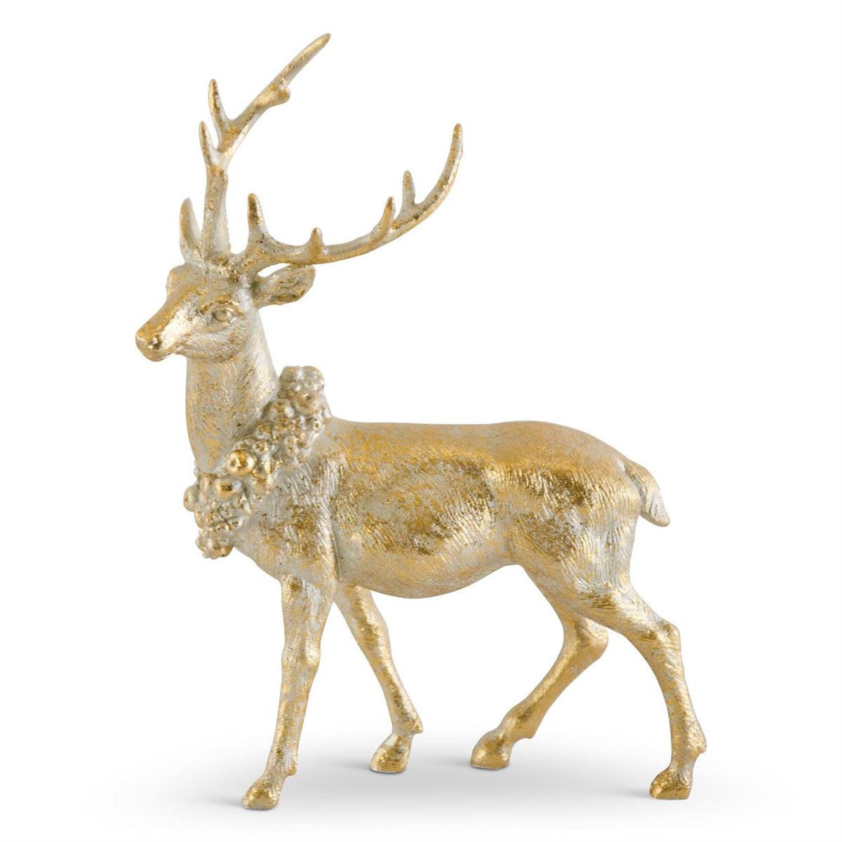 Antique gold polyresin deer ornament with detailed antlers standing upright