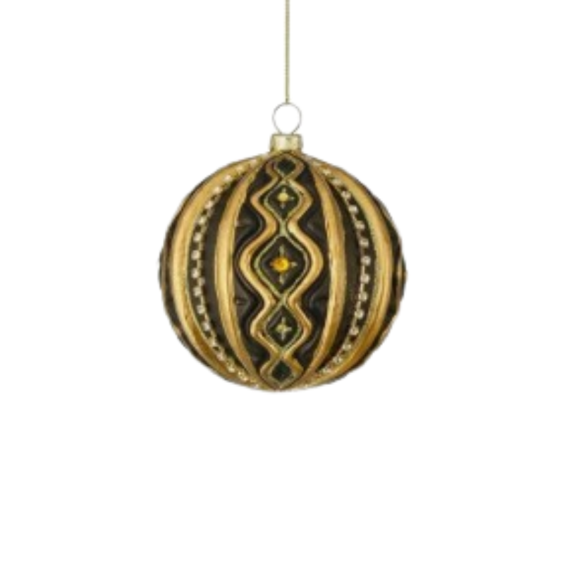 4-inch glass ball ornament with gold scrollwork and dark accents, hanging from a thin gold string.