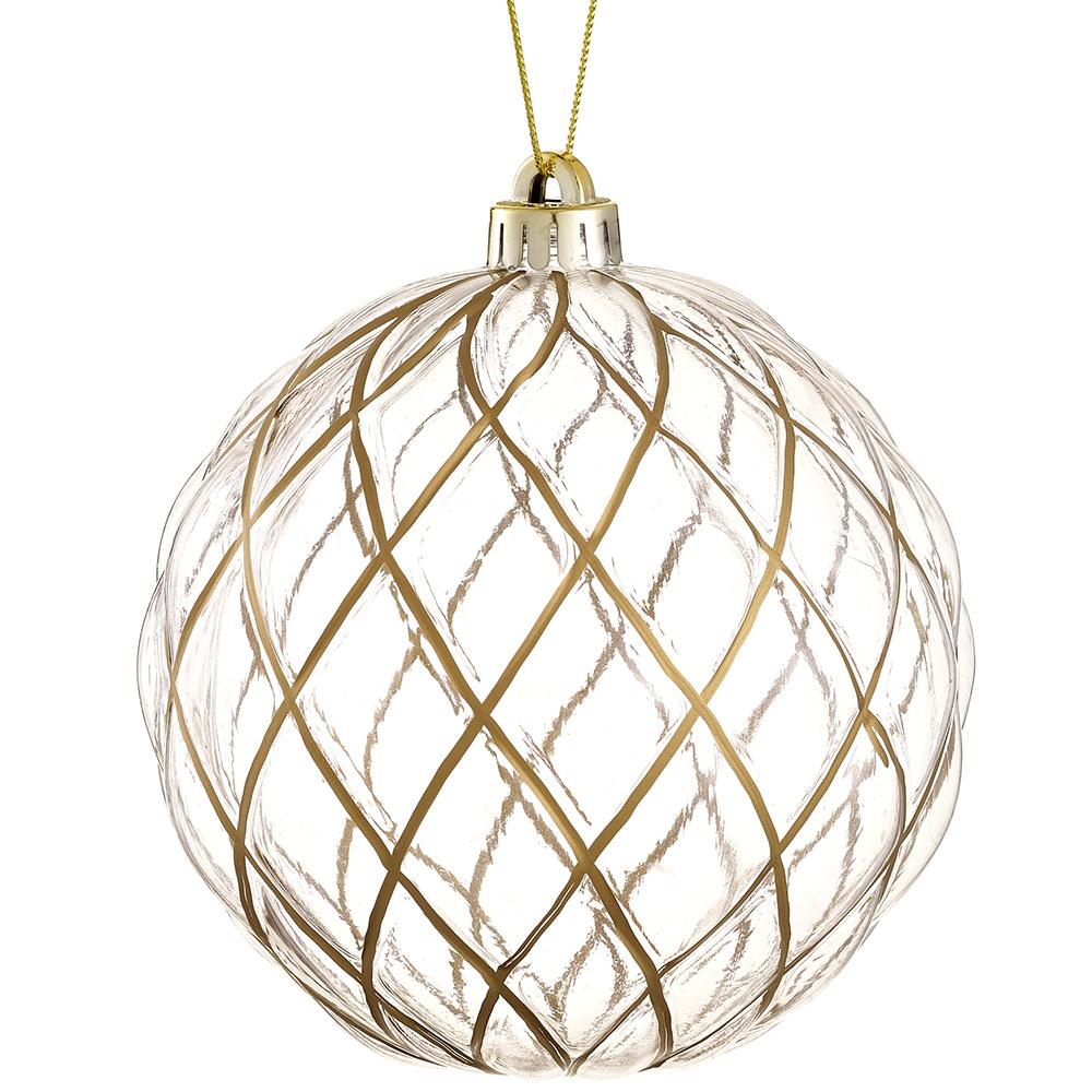 6-inch clear plastic ball ornament with a gold diamond lattice pattern and gold hanging string.