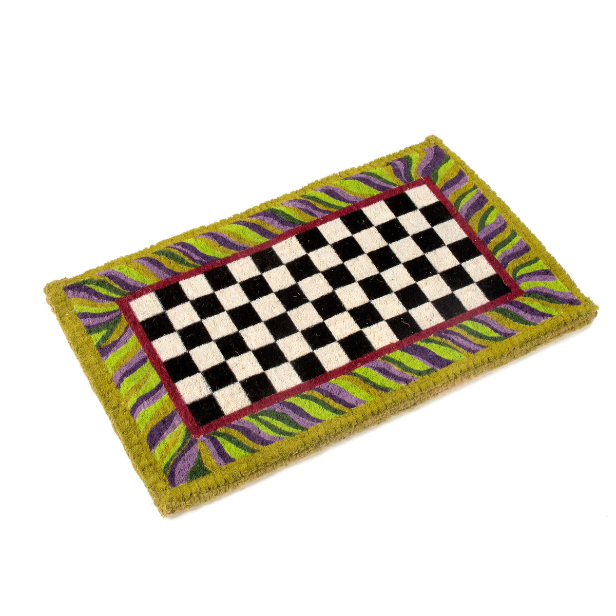 Rectangular coir doormat with a black and white checkered center and a green and purple border.