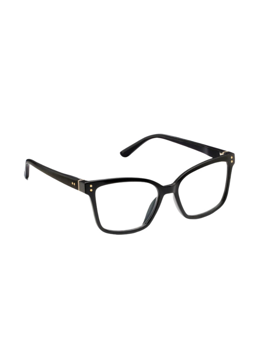 Octavia eyeglasses with gold-accented hinges in a recycled polycarbonate frame featuring blue light filtering lenses.