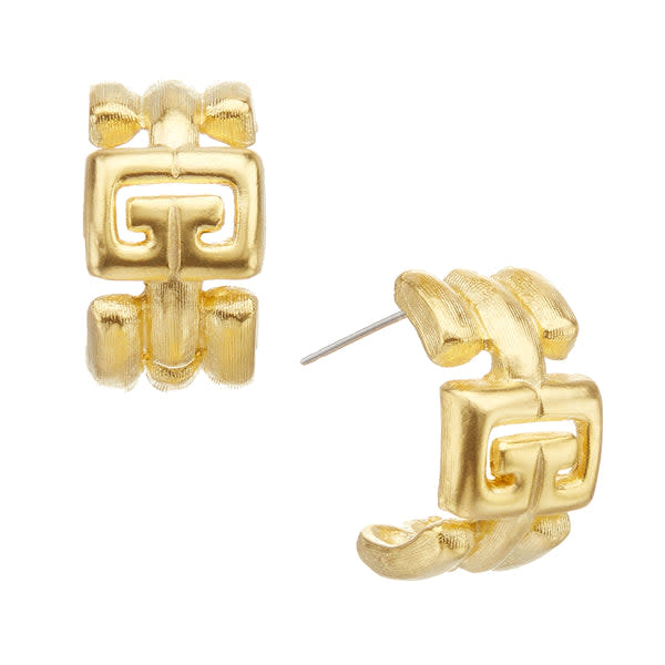 Gold Greek Key hoop earrings featuring a classic geometric border pattern.