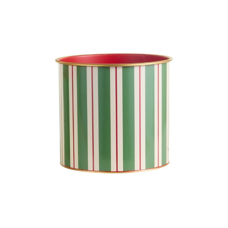 Yuletide Stripes Decorative Bucket with green, white, and red vertical stripes and a gold rim.