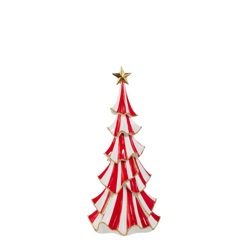 Red and white striped ruffle Christmas tree decoration with gold trim and a gold star on top.