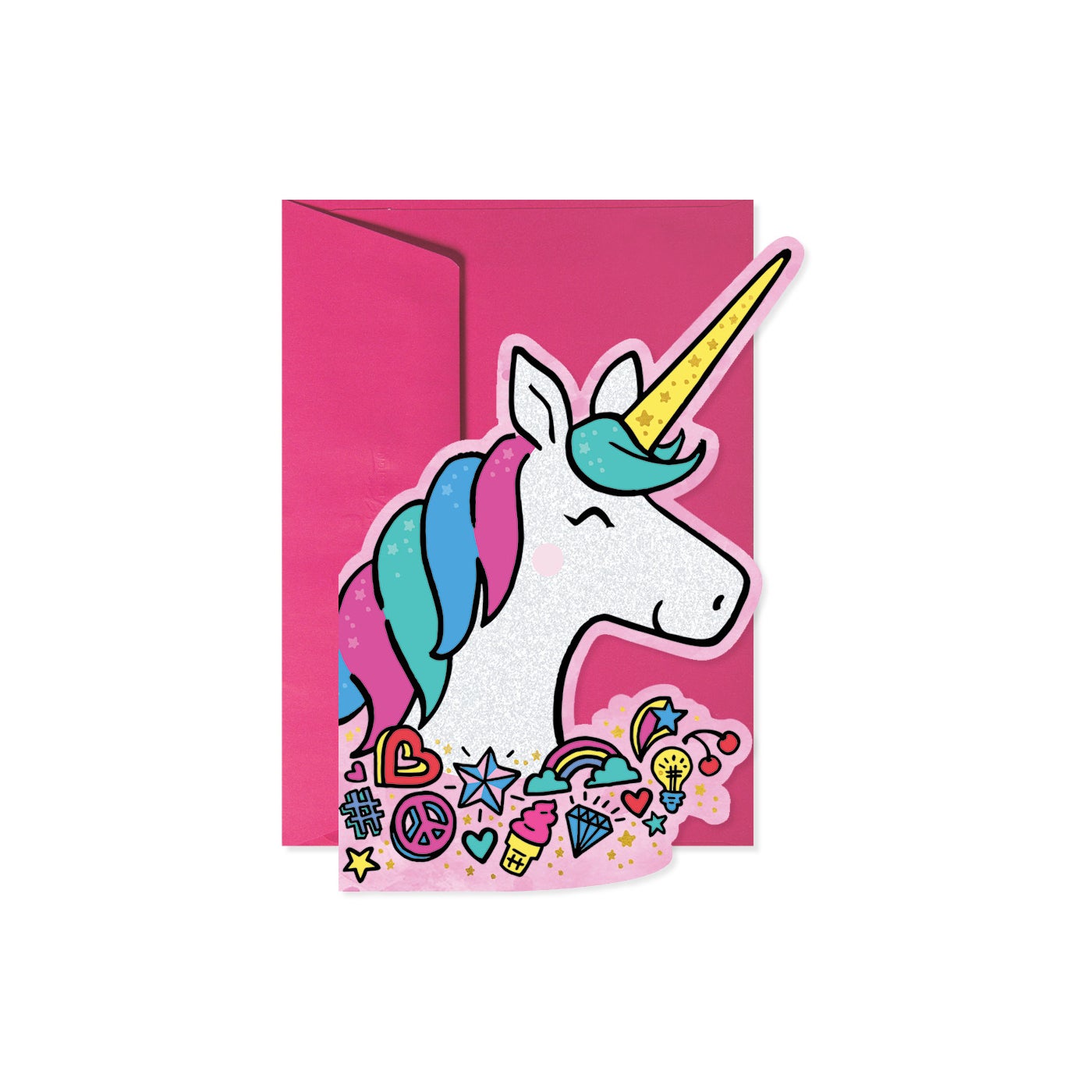Glittery birthday unicorn cake topper with pastel rainbow mane and horn.